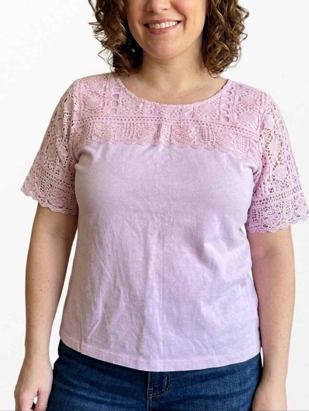 ALIA Women's Petite Lace Detail Short Sleeve Top Light Pink